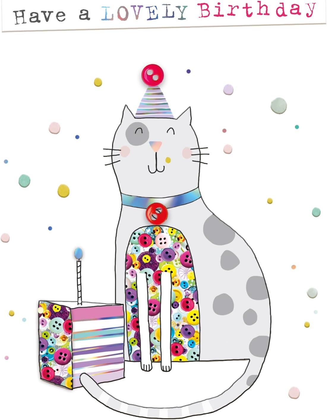 Cat & Birthday Cake Hand-Finished Buttons Embellished Birthday Card For Her