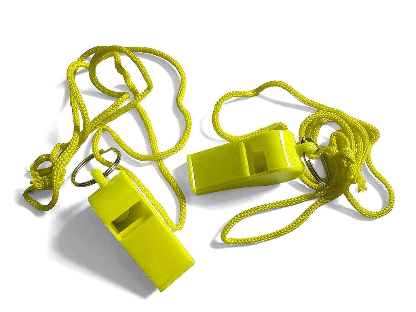 Bag of 100 Yellow Plastic Whistles with Lanyard Neck Cord