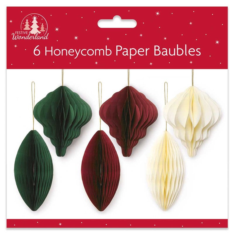 Pack of 6 Traditional Assorted Honeycomb Paper Christmas Baubles Decorations