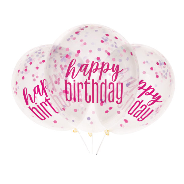 Pack of 6 12" Clear Printed Glitz "Happy Birthday" Balloons with Confetti, Pink & Silver