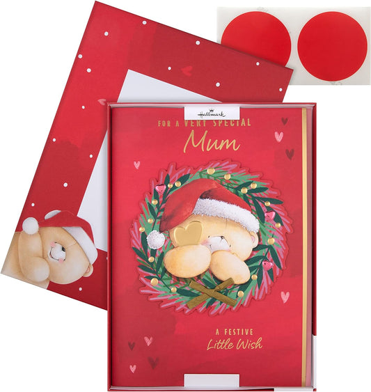 Cute Forever Friends Bear in Wreath Design Boxed Christmas Card for Mum 