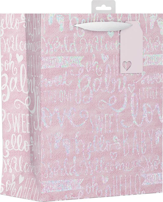 Pack of 12 Baby Pink Text Large Gift Bags