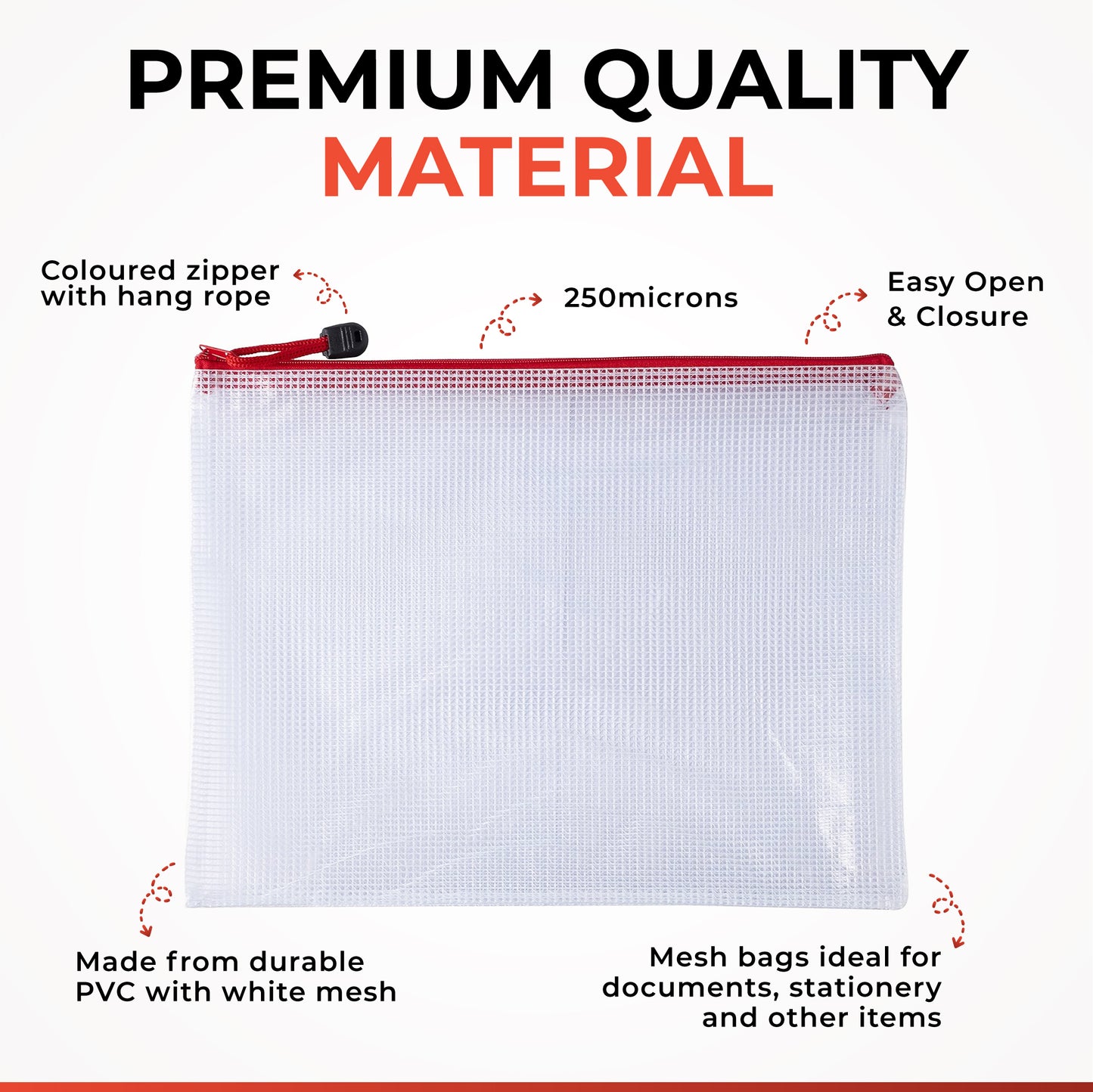 Pack of 12 A4 Red PVC Mesh Zip Bags