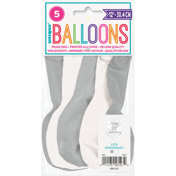 Pack of 5 Happy 25th Anniversary 12" Latex Balloons