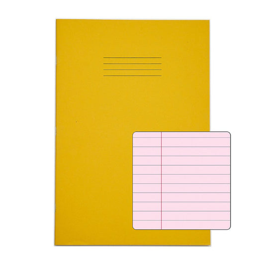 Pack of 10 Rhino A4 48 Page Yellow with Pink Tinted Paper 8mm Lined with Margin Exercise Books