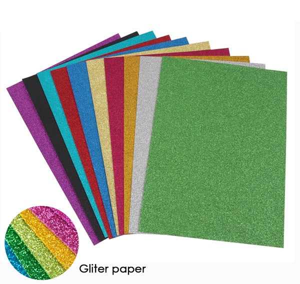 Pack of 10 A4 Assorted Colour Glitter Craft Paper by Janrax