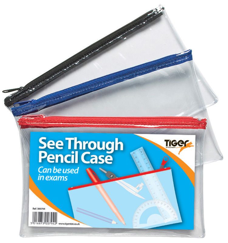 Pack of 18 8x5" Flat Clear Exam Pencil Cases - Assorted Coloured Zip