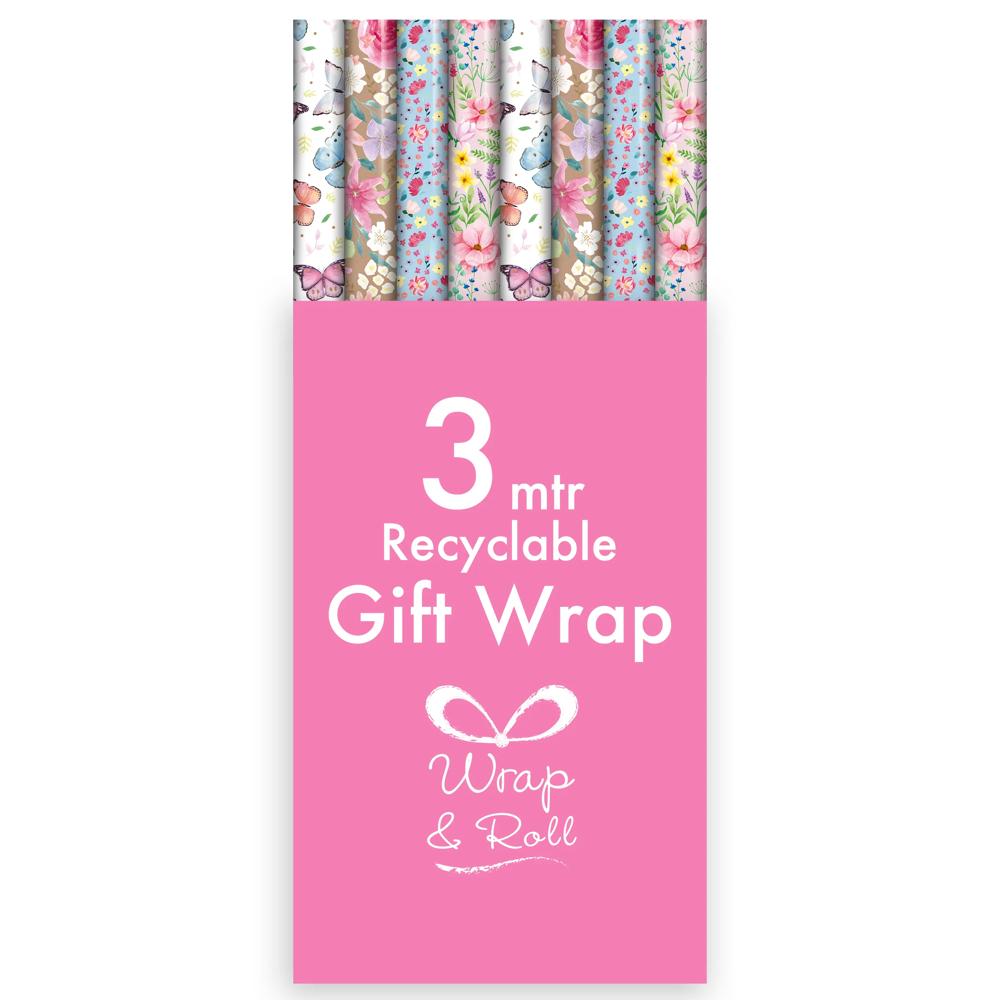 Pack of 4 3m Floral Design Gift Wrap Rolls