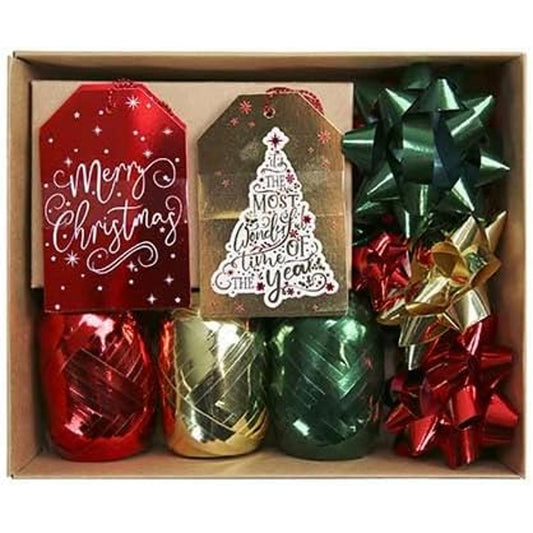 15 Piece Traditional Wrapping Accessory Bow Tags and Ribbon Christmas Present Box