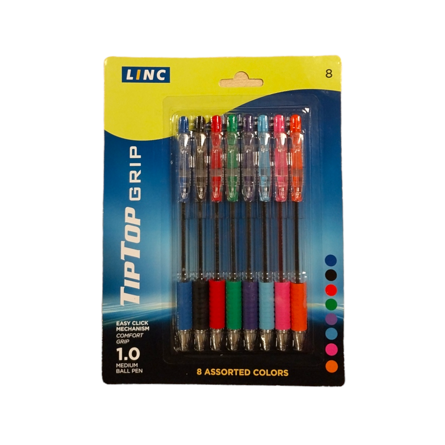 Pack of 8 Linc Tip Top Grip Retractable Assorted Colours Ball Pens