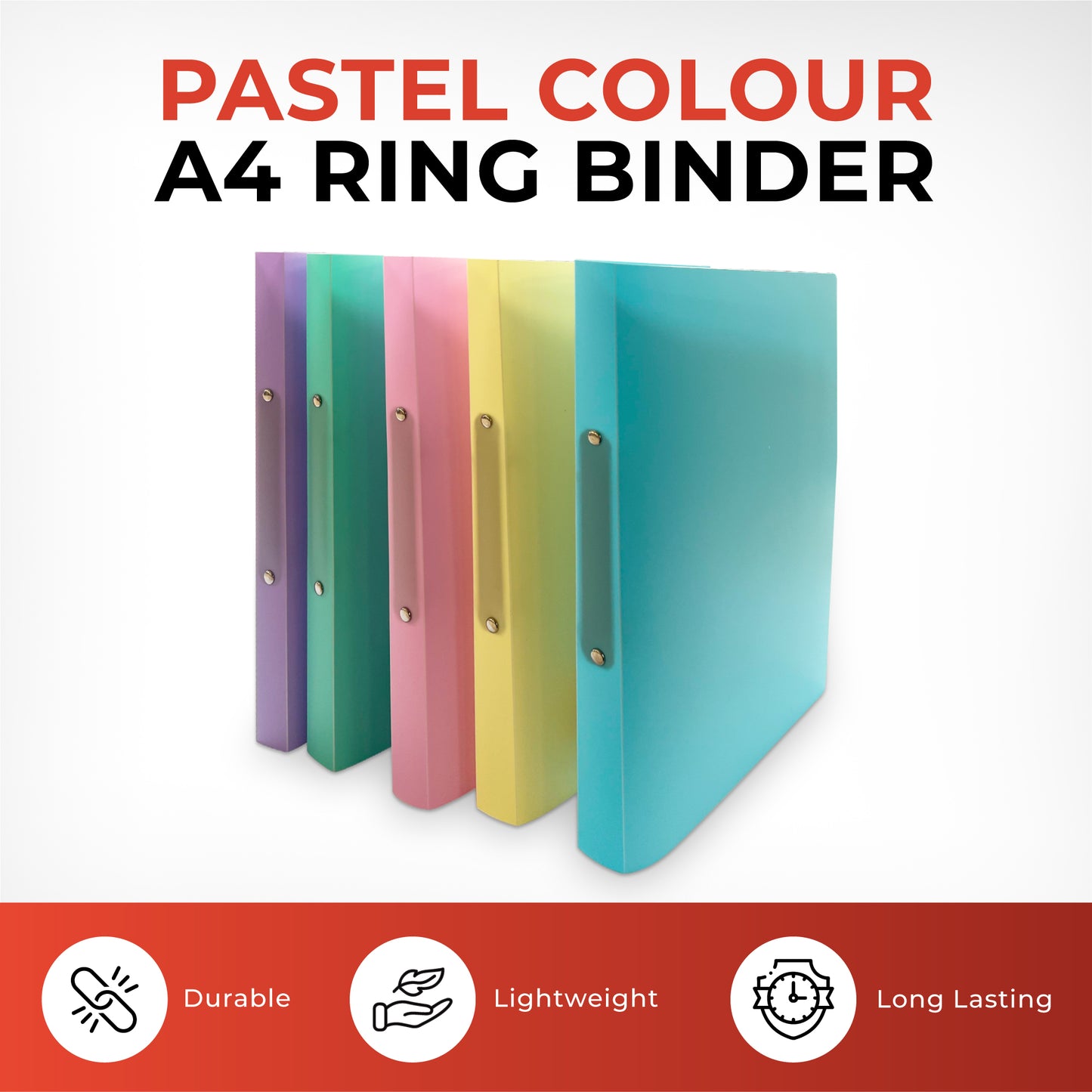 Pack of 5 Assorted Pastel Colours A4 Ring Binders