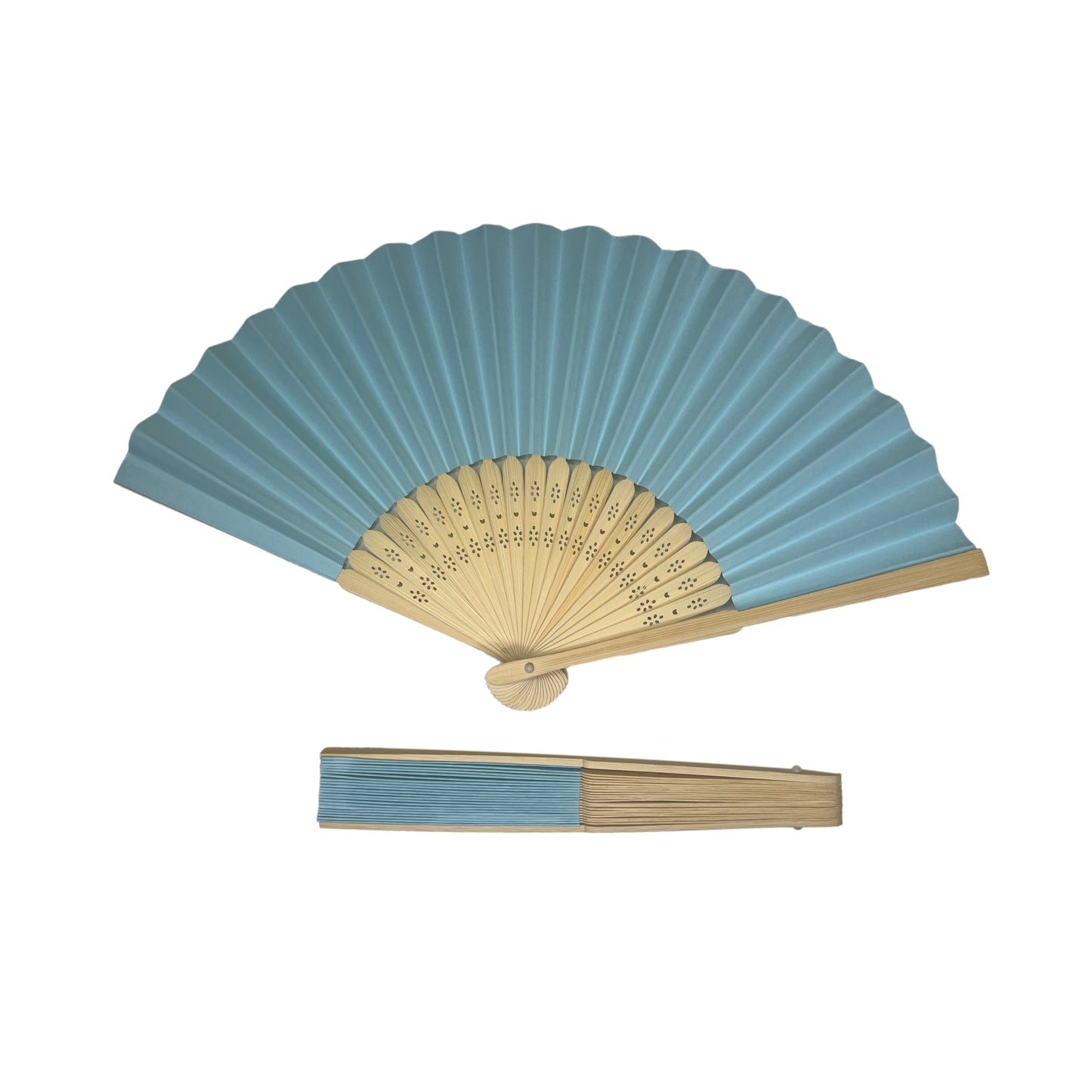 Pack of 50 Light Blue Paper Foldable Hand Held Bamboo Wooden Fans by Parev