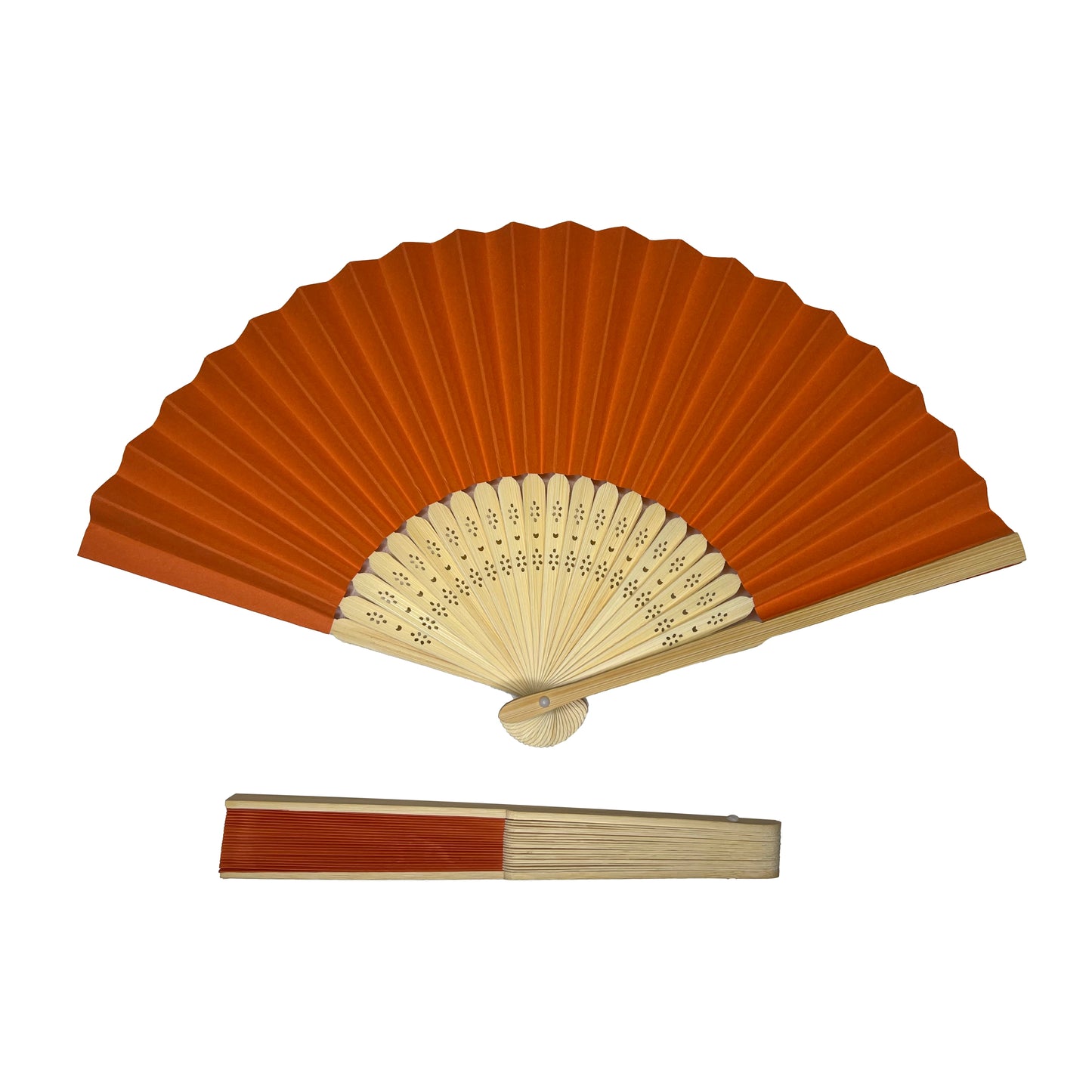 Orange Paper Foldable Hand Held Bamboo Wooden Fan by Parev