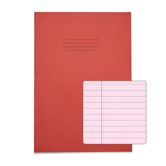 Pack of 10 Rhino A4 48 Page Red with Pink Tinted Paper 8mm Lined with Margin Exercise Books