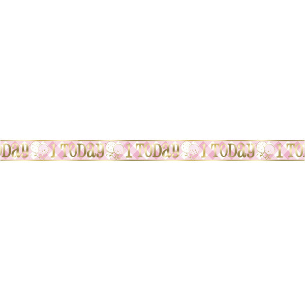 12ft Long Fold Foil Pink Gingham 1st Birthday Banner