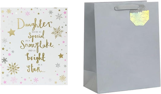 Christmas Card for Daughter + Large Silver Gift Bag With Tag