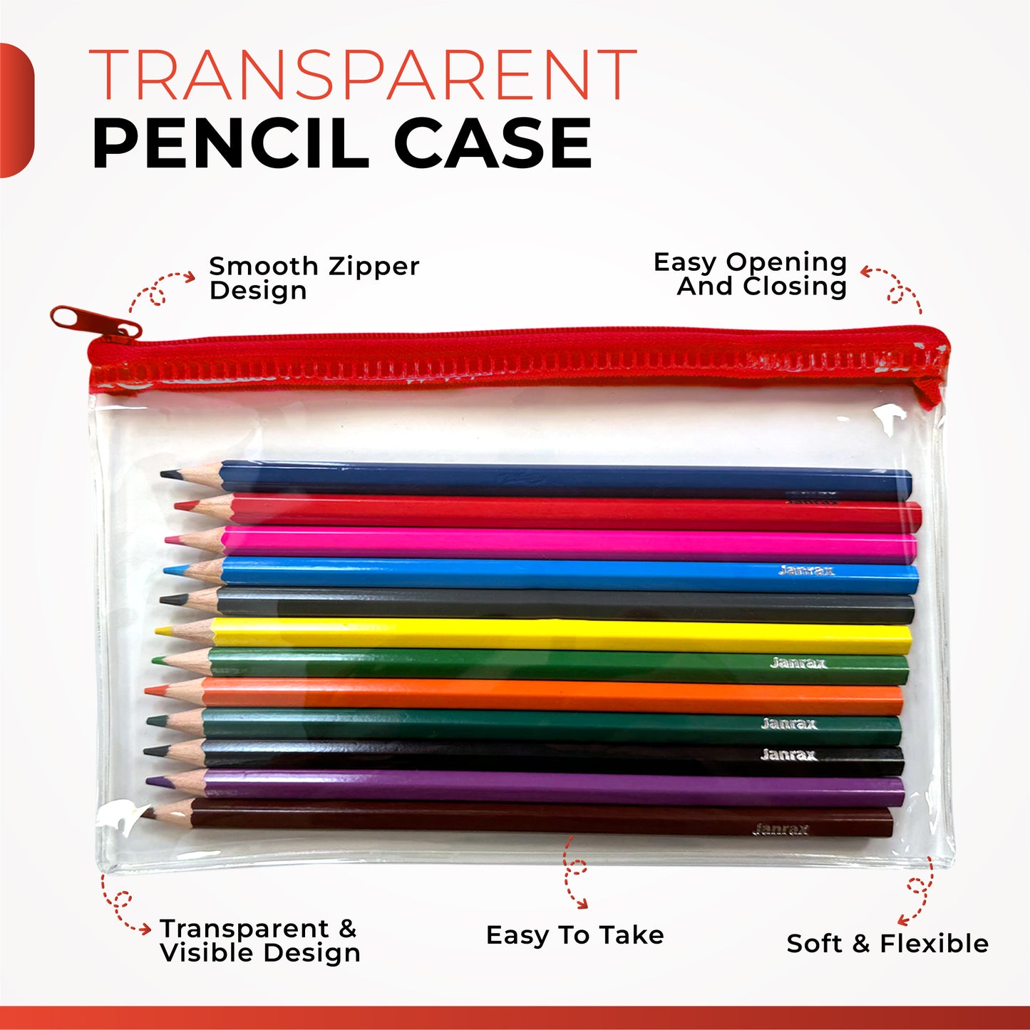 Pack of 12 Colouring Pencils in White Zip Clear Pencil Case