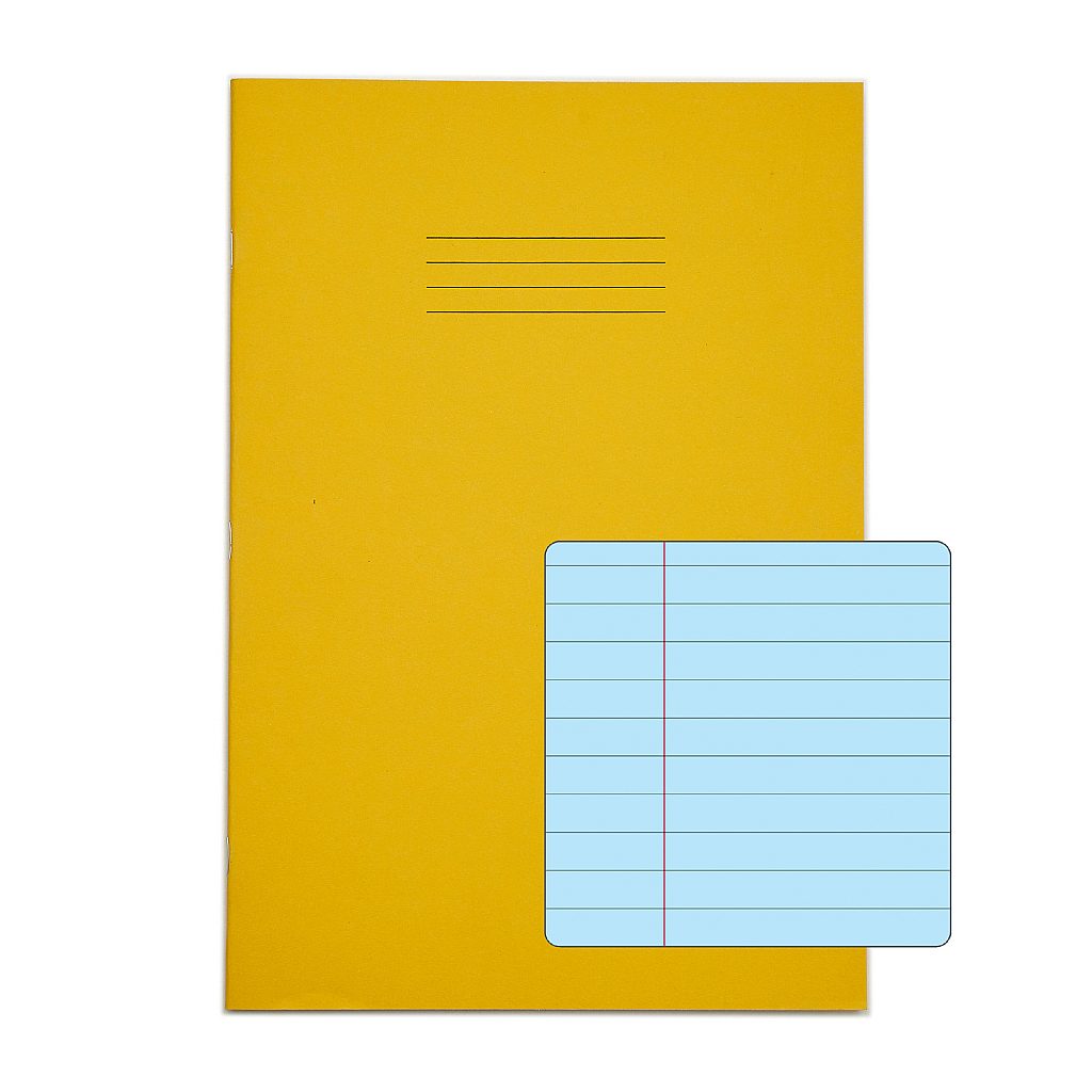 Pack of 10 Rhino A4 48 Page Yellow with Blue Tinted Paper 8mm Lined with Margin Exercise Books