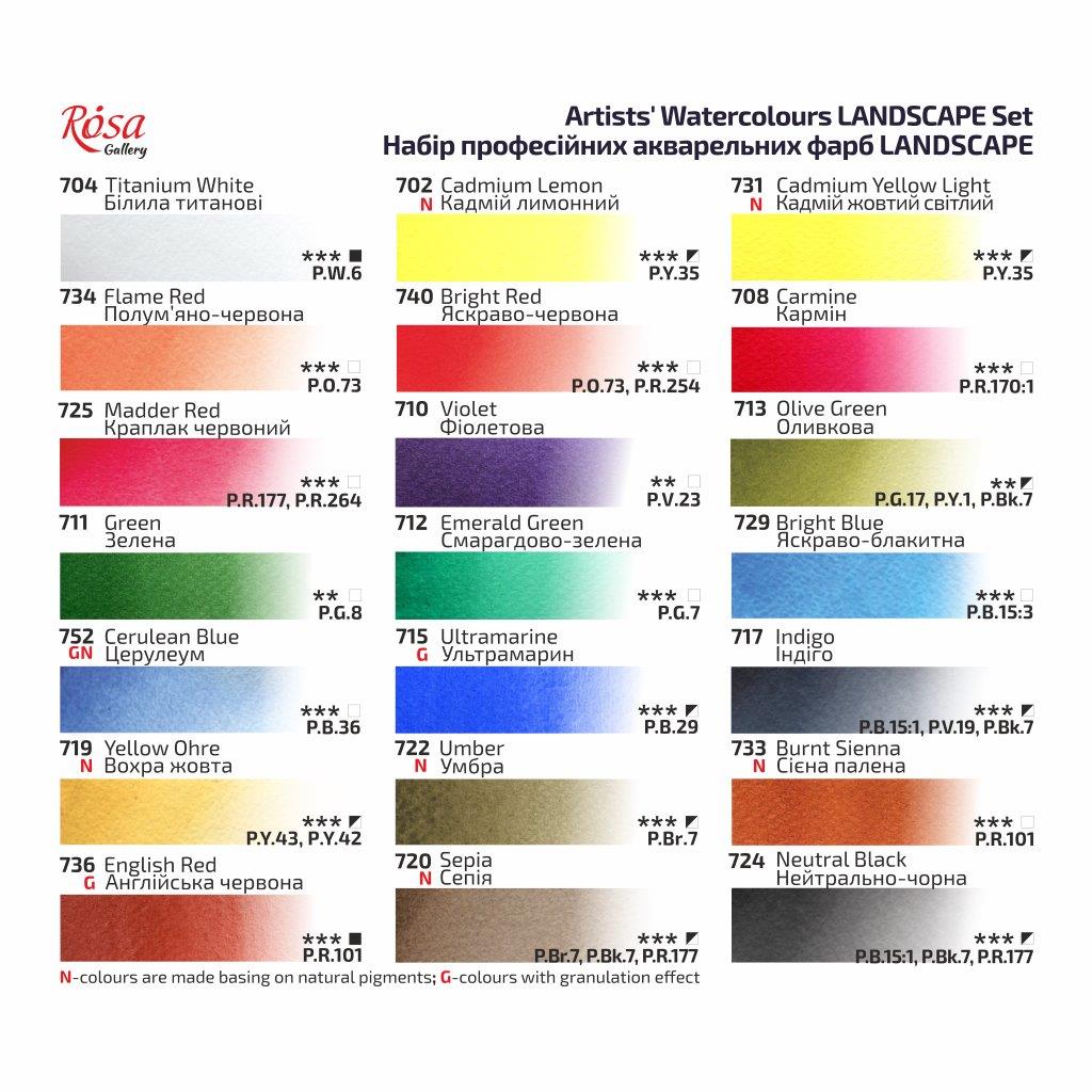 Pack of 21 Landscape Assorted Watercolours Paints by Rosa Gallery