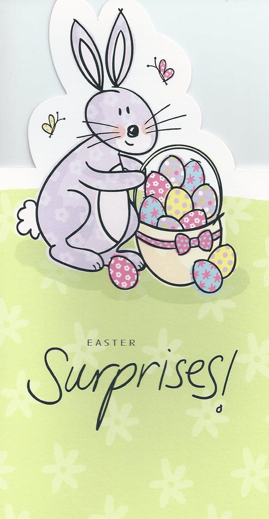 Easter Surprises Adorable Bunny With Eggs Basket New Die Cut Card