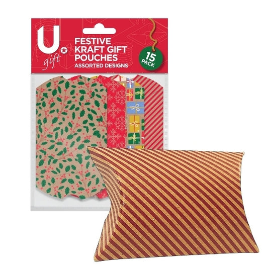 Pack of 15 Festive Kraft Designs Christmas Gift Pouches