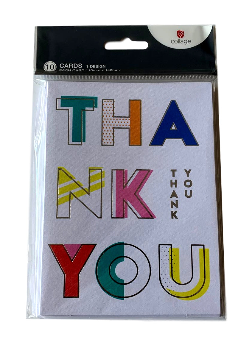 Pack of 10 Mutli Coloured Thank You Cards with Silver Foil Finish