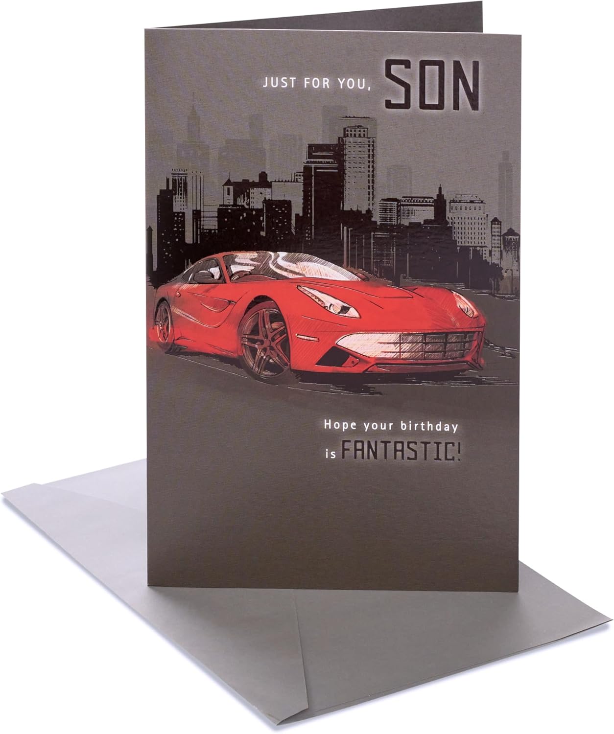 Red Car With City Behind Design Son Birthday Card