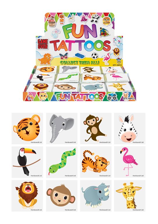 Pack of 12 Assorted Design 4cm Mini Jungle Temporary Tattoos