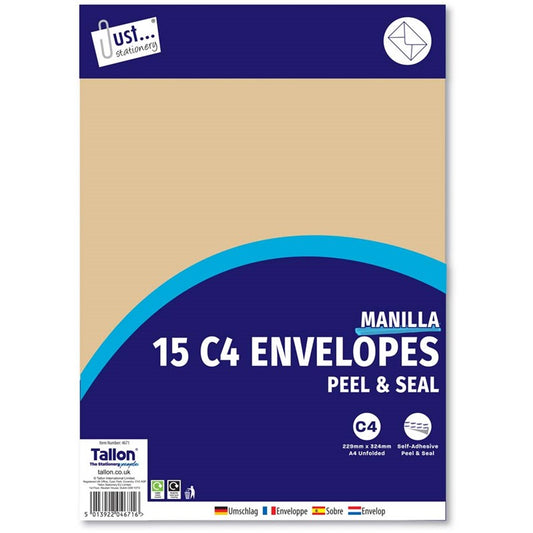 Pack of 15 C4 Peel & Seal Manila Envelopes