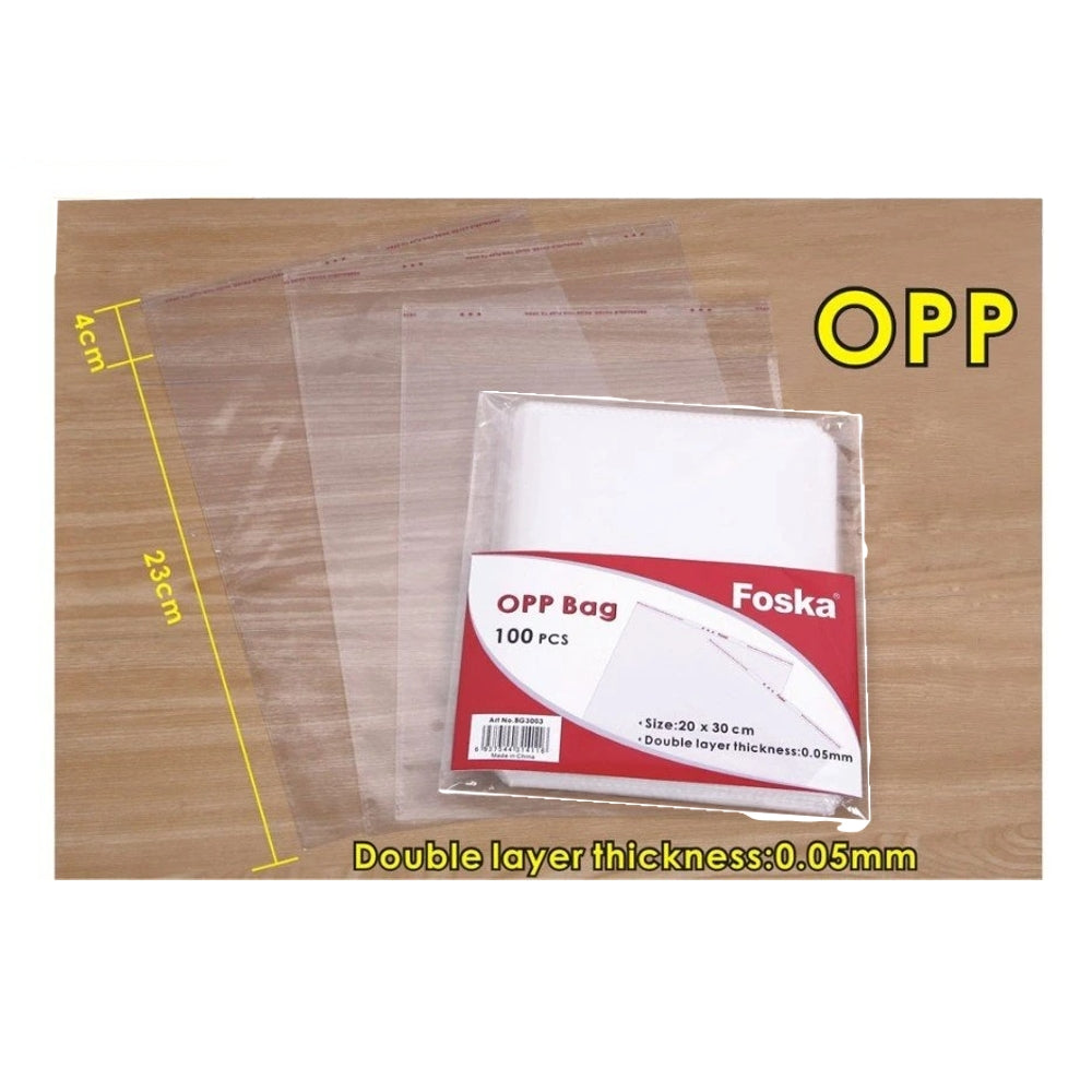 Pack of 100 Clear OPP Bags 22 x 34cm with Self-Adhesive Strip