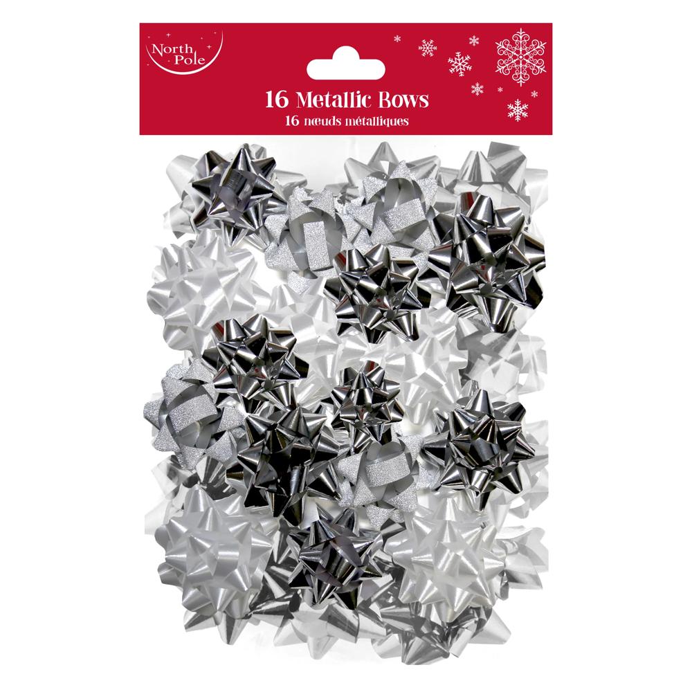 Pack of 16 Silver Mix Metallic Christmas Bows