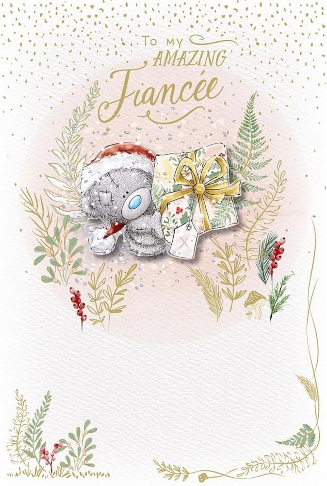 Bear Holding Up Gift Fiancée Handmade Christmas Card 