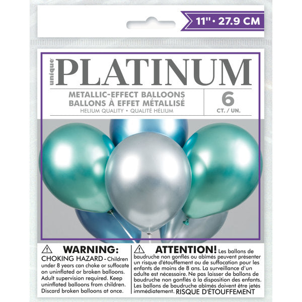 Pack of 6 Assorted Blue, Green & Silver Platinum 11" Latex Balloons