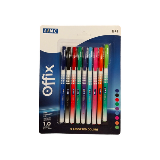 Pack of 9 Linc Offix Assorted Colours Ball Pens - White Barrel