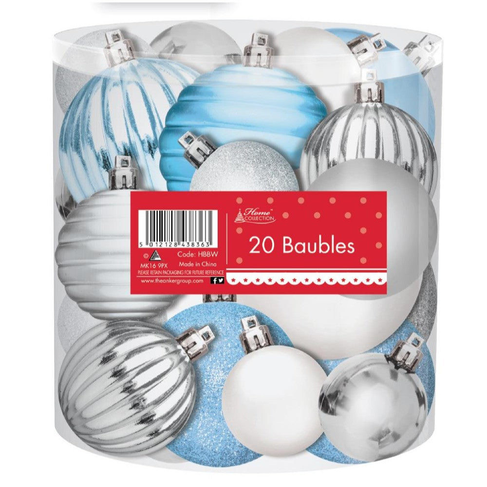 Pack of 20 Baubles Silver, White and Blue