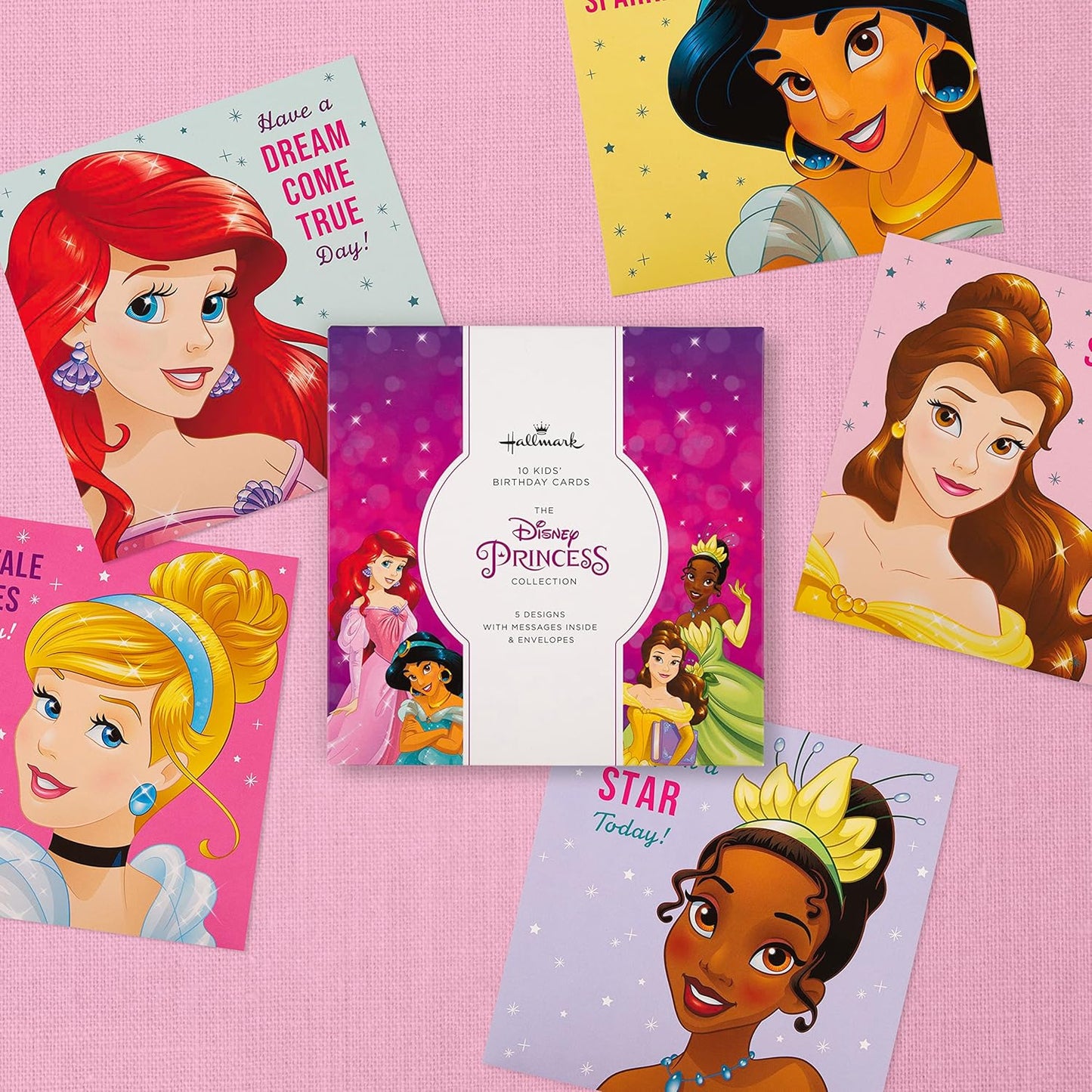 Multipack of 10 in 5 Disney Princess Designs Kids Birthday Cards