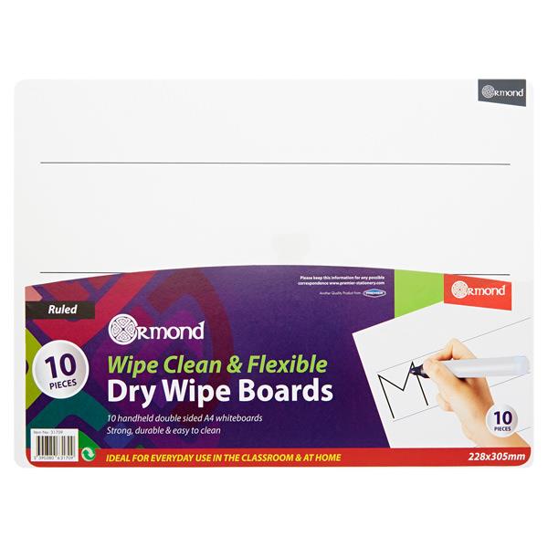 Pack of 10 228x305mm Wide Ruled Dry Wipe Boards by Ormond