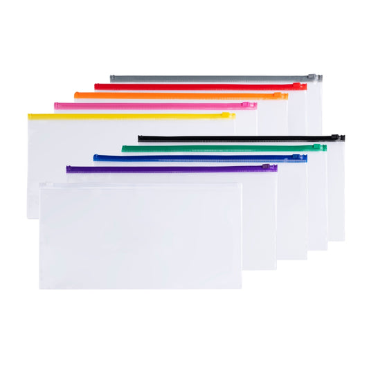 Pack of 10 DL Clear Zippy Bags with Assorted Coloured Zip