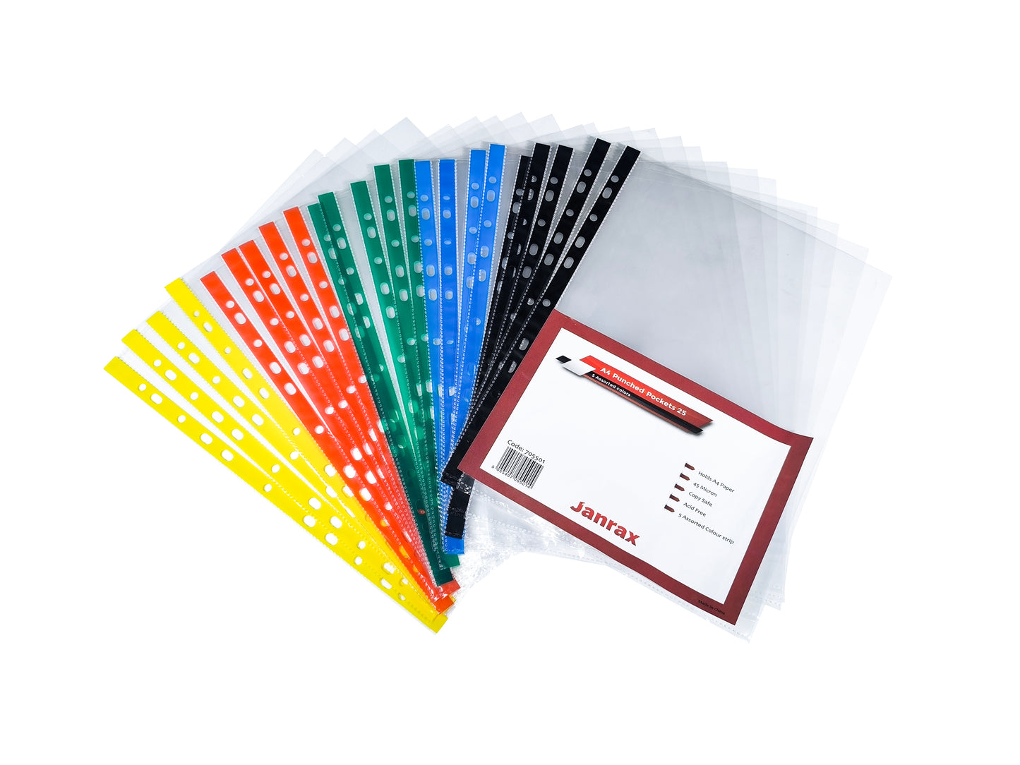 Pack of 50 A4 Punched Pockets with Assorted Coloured Reinforced Strip