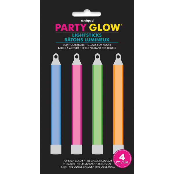 Pack of 4 4" Assorted Colors Glow Light Sticks