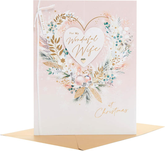 Pink Foliage Heart Wreath Design Wife Christmas Card