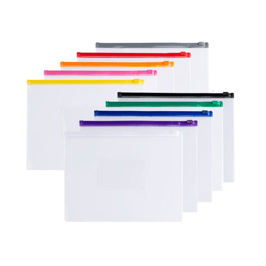 Pack of 10 A5 Clear Zippy Bags with Assorted Coloured Zip