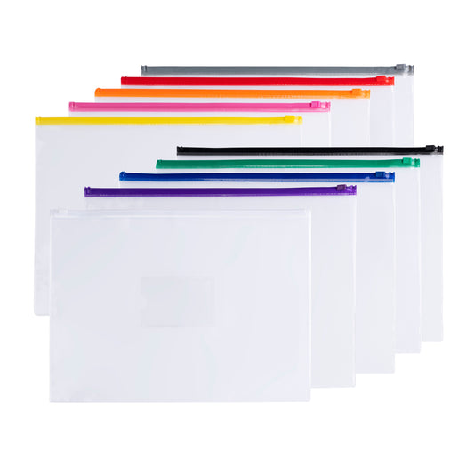 Pack of 10 A4 Clear Zippy Bags with Assorted Coloured Zip