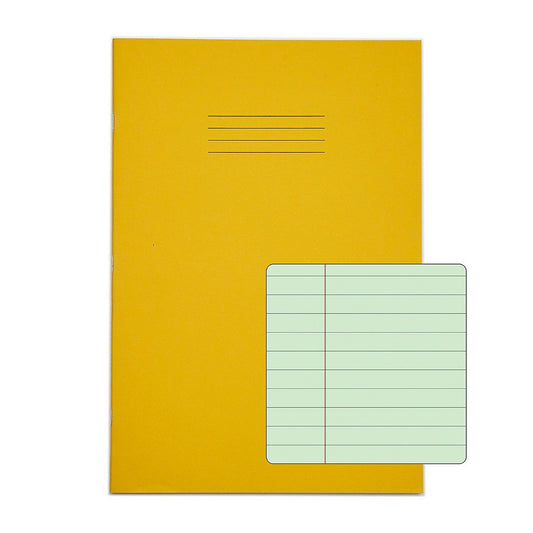 Pack of 10 Rhino A4 48 Page Yellow with Green Tinted Paper 8mm Lined with Margin Exercise Books