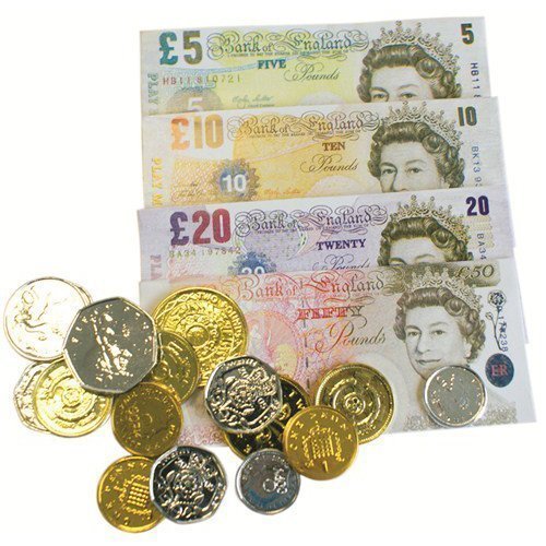 Play Money Sterling Pounds Coins & Notes