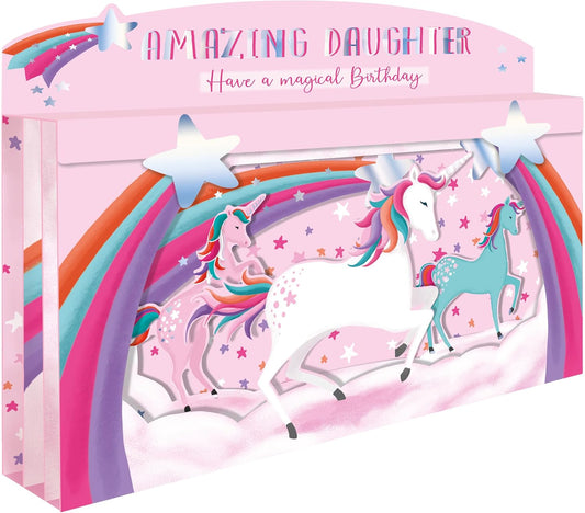 Spectacular 3D Unicorn & Rainbows Daughter Birthday Card