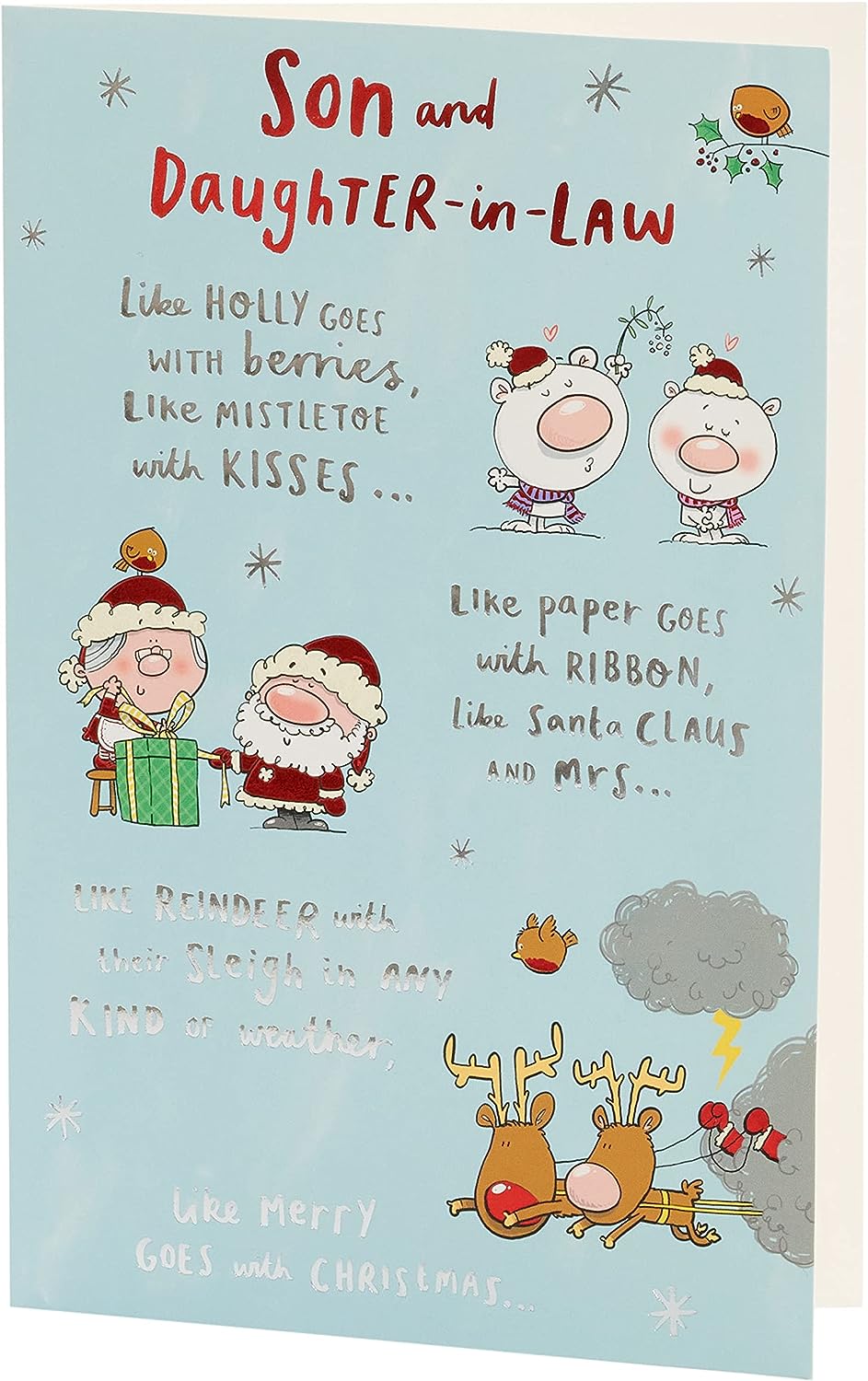 Son & Daughter-In-Law Christmas Card Red & Silver Foil Design 