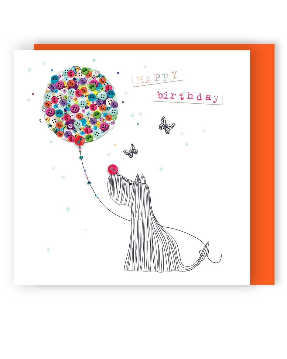 Dog & Balloon Hand-Finished Buttons Embellished Birthday Card