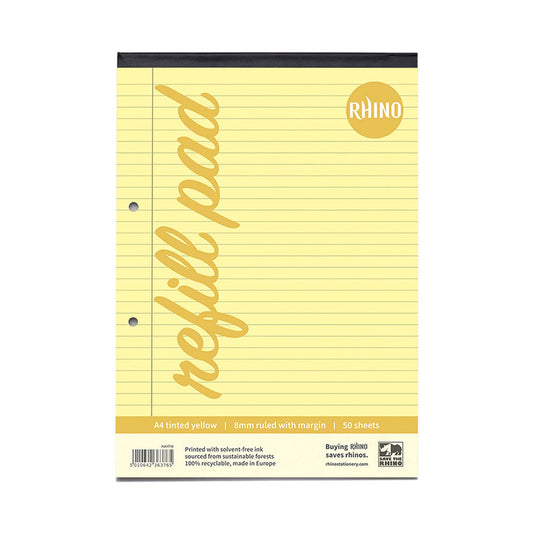 Rhino A4 Yellow Paper 100 Page 8mm Lined with Margin Refill Pad