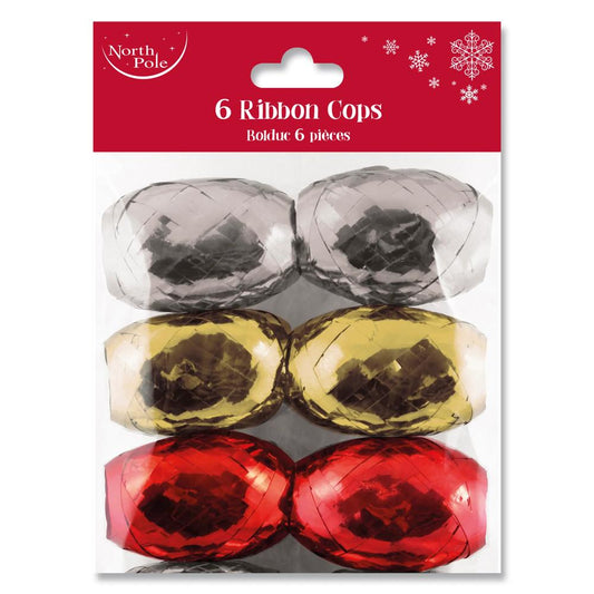 Pack of 6 Assorted Colour Christmas Ribbon Cops 10m